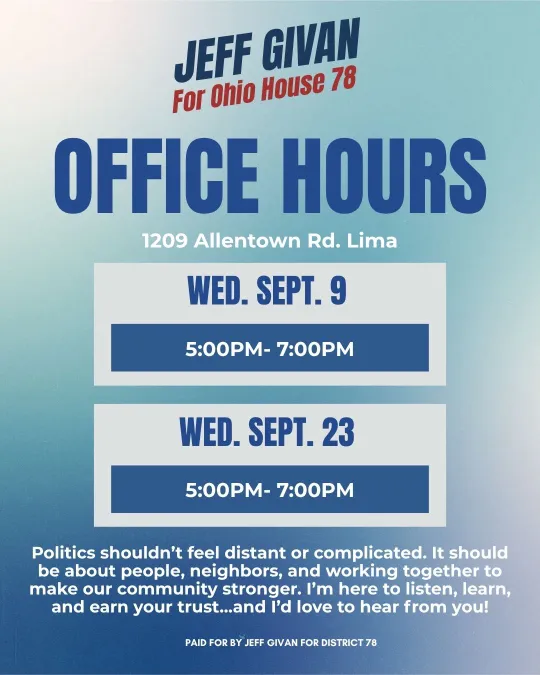 Office Hours with Jeff — Wed. Sept. 9 and Wed. Sept. 23, 5–7 PM at 1209 Allentown Rd, Lima