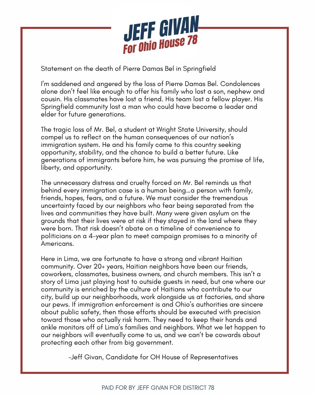 Jeff Givan's statement on the death of Pierre Damas Bel in Springfield — full text of the statement on the loss of a Haitian community member and the human consequences of immigration enforcement